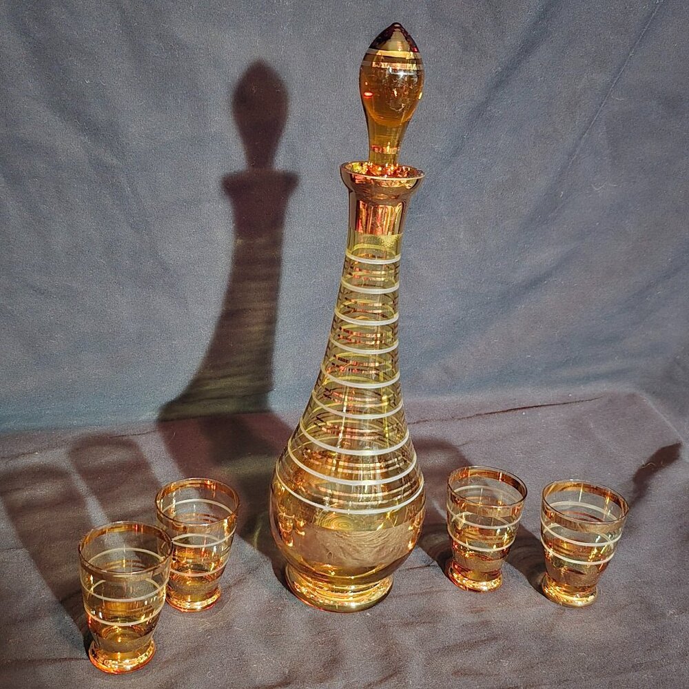 Vintage Bohemia Czechoslovakia Amber Gold Decanter Set (4 Glass / 1 Decanter)